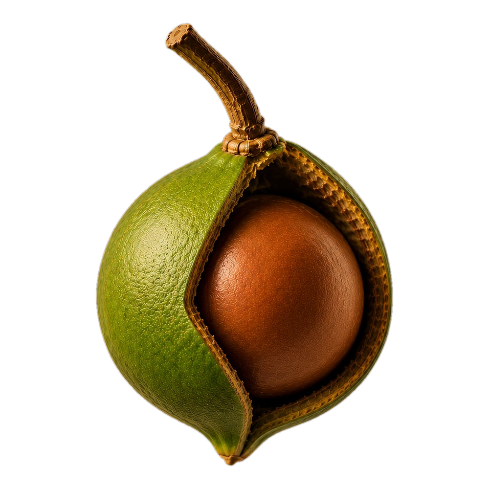 Macadamia in its split green husk