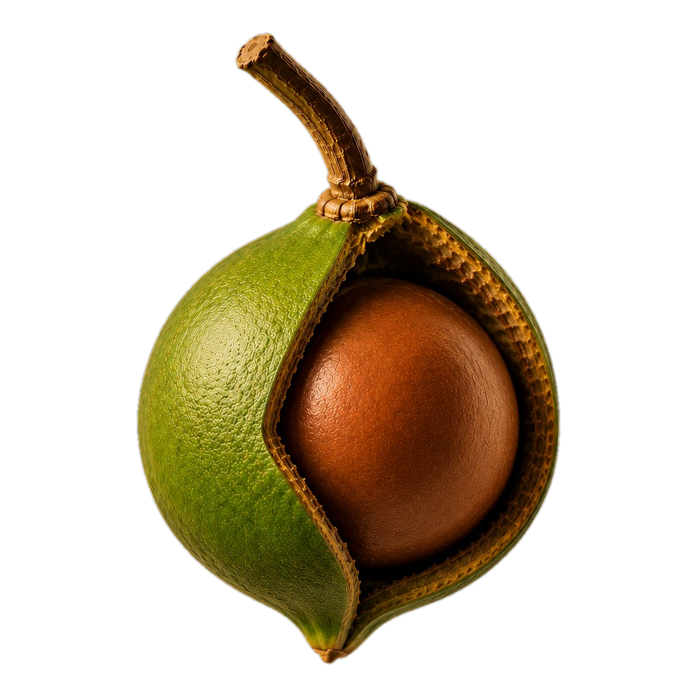 Macadamia in its split green husk