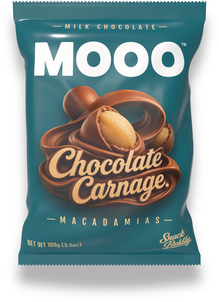 MOOO Chocolate Carnage 100g pack — Belgian milk chocolate macadamia pearls